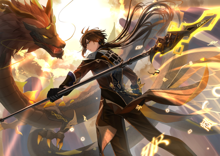 1boy, backlighting, black_gloves, black_pants, black_scales, brown_coat, brown_eyes, brown_hair