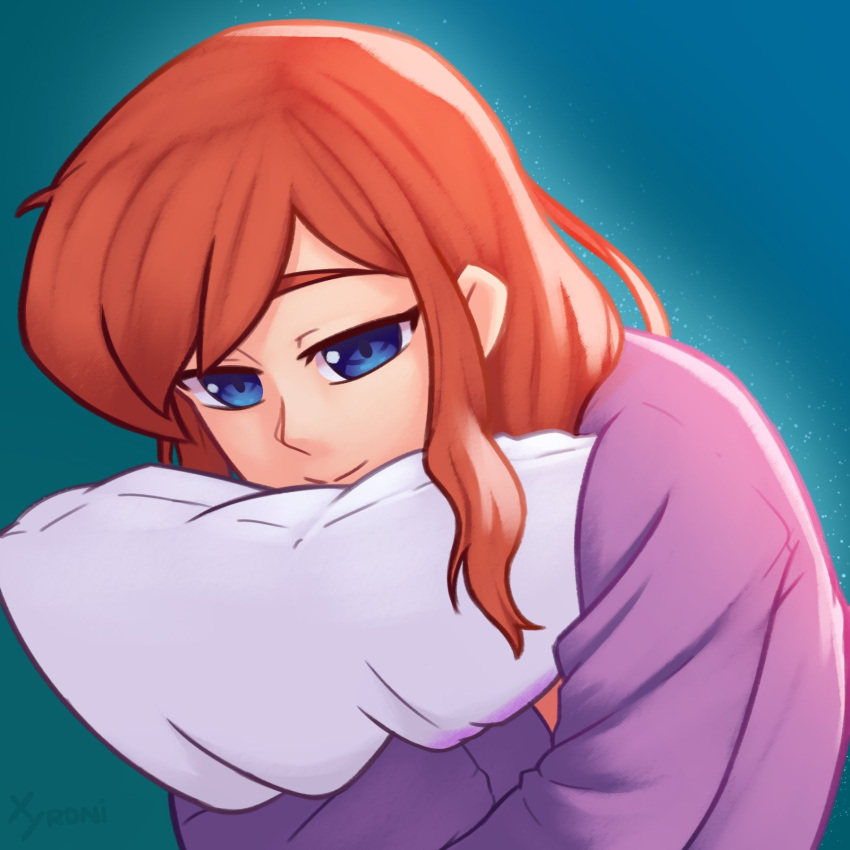 1girl, a_hat_in_time, aged_up, blue_background, blue_eyes, brown_hair, closed_mouth, commentary