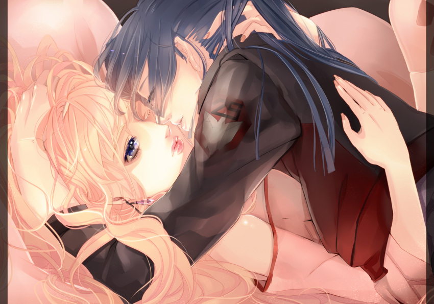 blue_eyes, blue_hair, closed_eyes, eyes_closed, incipient_kiss, katsu_ryouji, lipstick, long_hair, macross, macross_frontier, makeup, saotome_alto, sheryl_nome