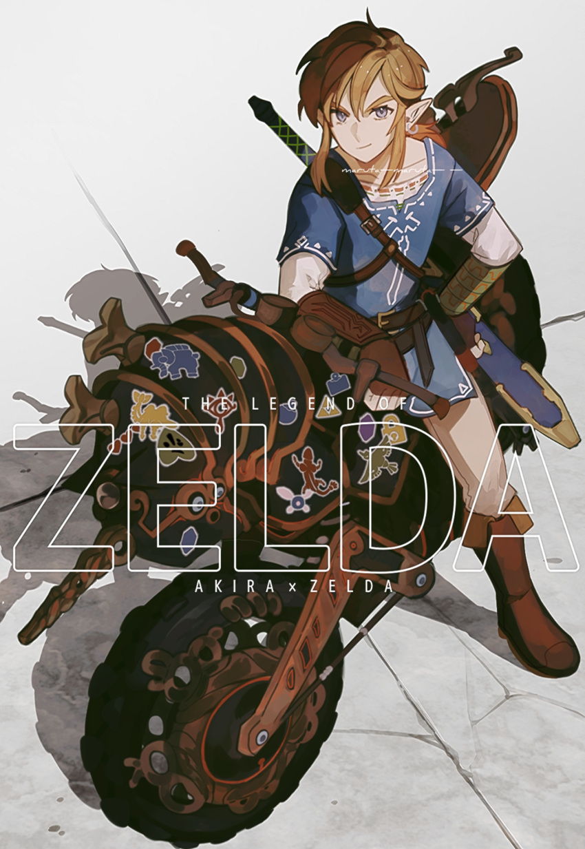 1boy, akira_(manga), arm_rest, artist_name, belt, blonde_hair, blue_eyes, blue_tunic