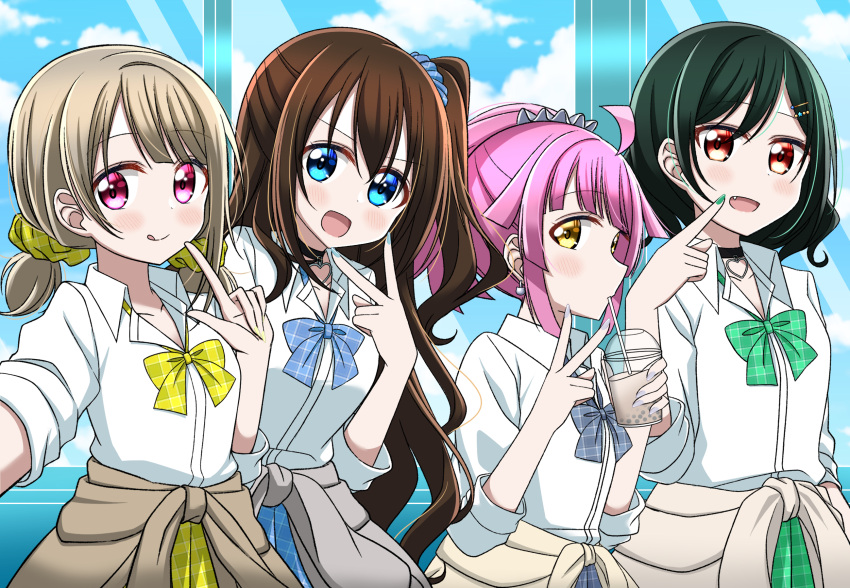 4girls, :d, :q, ahoge, black_choker, blue_bow, blue_bowtie, blue_scrunchie