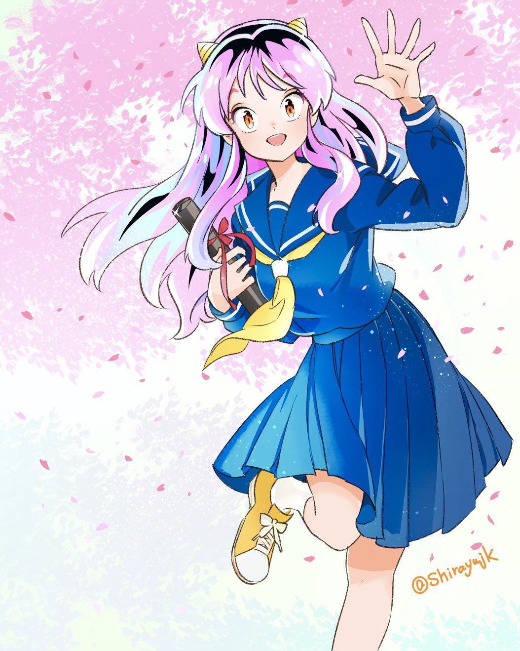 1girl, blue_sailor_collar, blue_serafuku, blue_shirt, blue_skirt, cone_horns, falling_petals, highres