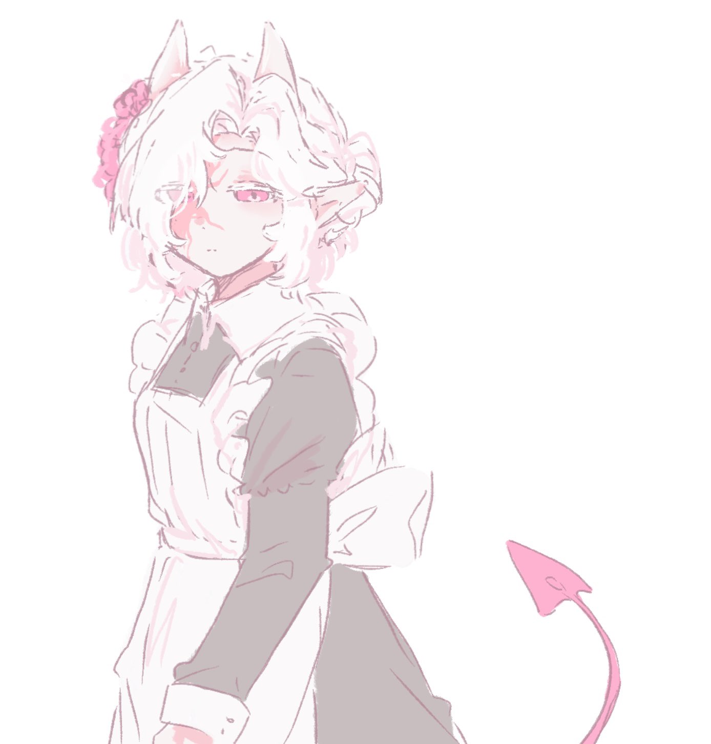 1girl, animification, apron, black_dress, chinese_commentary, colored_skin, commentary_request, demon_girl