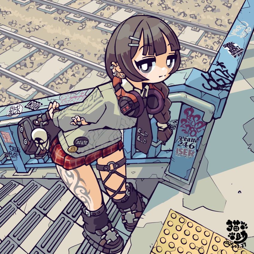 1girl, arms_behind_back, artist_logo, bag_charm, black_eyes, black_hair, braid, charm_(object)