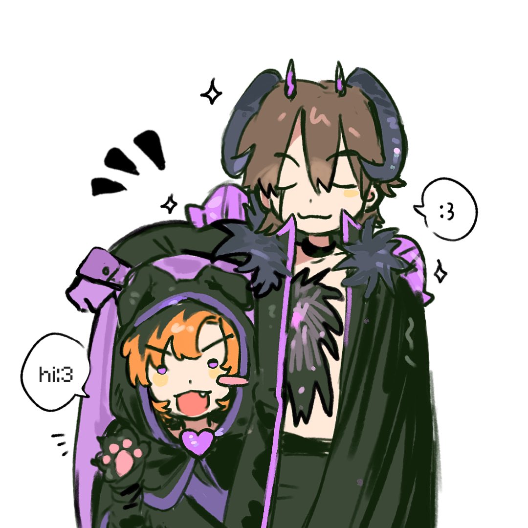 2boys, :3, animal_ears, animal_hands, animification, black_cloak, black_hair, blush_stickers
