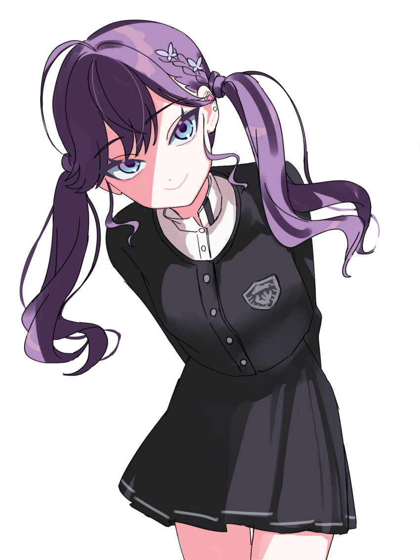 1girl, absurdres, ahoge, arms_behind_back, black_jacket, black_skirt, braid, butterfly_hair_ornament, commentary, gakuen_idolmaster, gokugetsu_academy_school_uniform, hair_ornament, head_tilt, highres, idolmaster, jacket, kanipoposu, kaya_rinha, long_hair, looking_at_viewer, purple_hair, school_uniform, shirt, simple_background, skirt, smile, solo, twintails, very_long_hair, white_background, white_shirt