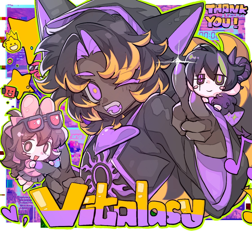 1girl, 2boys, animal_ears, animal_hood, animification, black_cloak, black_hair, black_skin, border, brown_hair, cat_ears, cat_hood, character_name, character_request, chibi, cloak, colored_skin, commentary, demon_tail, english_commentary, english_text, fucunottaken, glitch, heart, heterochromia, highres, hood, horns, itzsubz, jumperwho, lifesteal_smp, long_hair, looking_at_viewer, minecraft, minecraft_youtube, mini_person, miniboy, minigirl, multicolored_hair, multiple_boys, one_eye_closed, open_mouth, pangi, ponytail, princezam, rabbit_ears, rabbit_girl, screenshot_background, sheep_horns, short_hair, streaked_hair, tail, v, violet_eyes, vitalasy, white_border