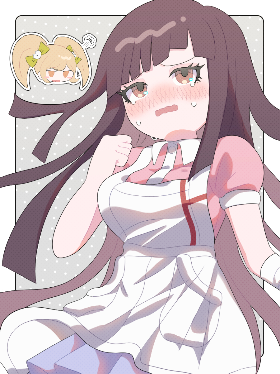 2girls, 3_3o0, :o, apron, blush, blush_stickers, bow, cat_hair_ornament, clenched_hand, collared_shirt, danganronpa_(series), danganronpa_2:_goodbye_despair, green_bow, hair_bow, hair_ornament, highres, long_hair, miniskirt, mole, mole_under_eye, multiple_girls, orange_eyes, pink_hair, pleated_skirt, saionji_hiyoko, shirt, short_sleeves, skirt, solo_focus, tears, tsumiki_mikan, twintails, two-tone_shirt, white_apron