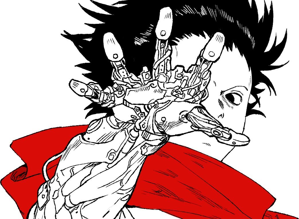 1boy, akira_(manga), black_hair, cloak, cyberpunk, cyborg, furrowed_brow, hand_over_eye