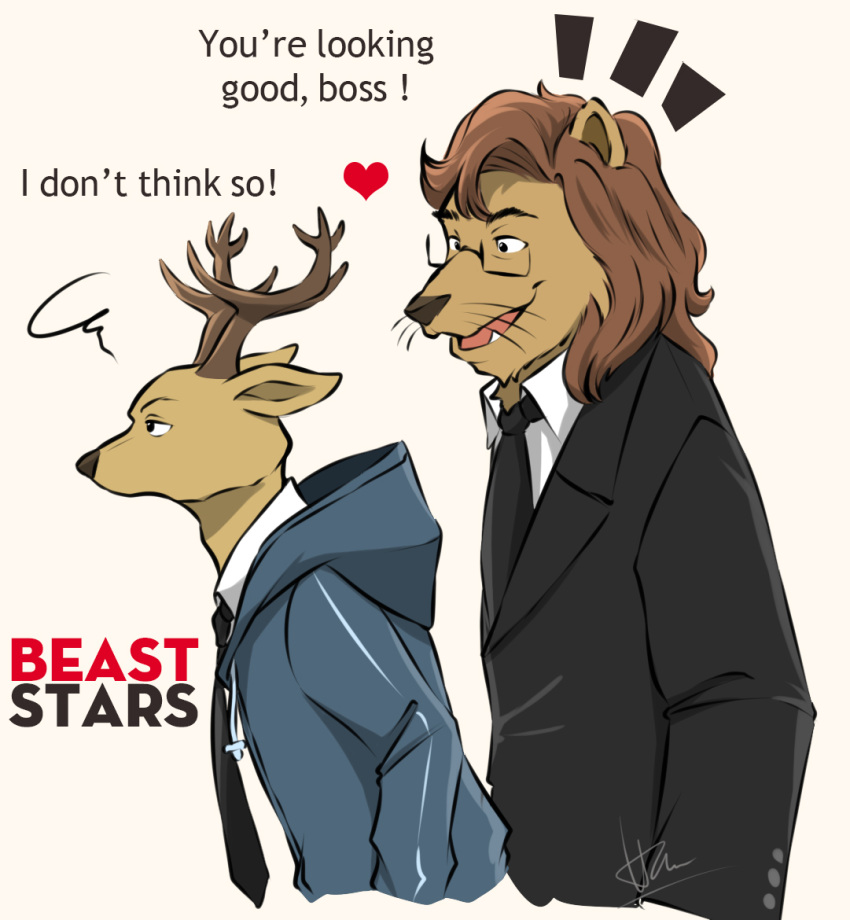 2boys, animal_ears, annoyed, antlers, beastars, deer_antlers, deer_boy, deer_ears, doraemonbasil, english_commentary, fang, furry, furry_male, glasses, heart, horns, ibuki_(beastars), lion_boy, lion_ears, lion_mane, looking_at_another, looking_to_the_side, louis_(beastars), male_focus, multiple_boys, open_mouth, profile, scribble, whiskers