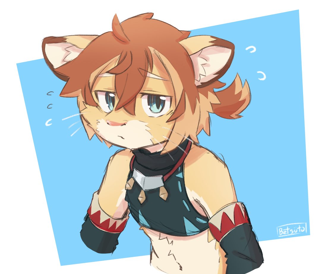 1boy, animal_ears, artist_name, betsuto_39, closed_mouth, crop_top, english_commentary, flying_sweatdrops