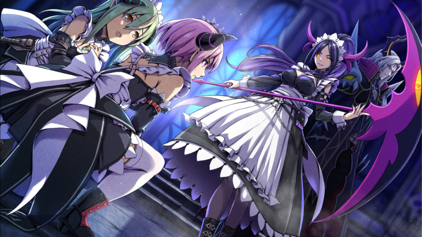 1boy, 3girls, black_coat, black_dress, black_hair, coat, demon_girl, demon_horns, dress, gal_guardians, gal_gun_(series), game_screenshot, green_hair, grey_hair, head_maid_lysa_(galgun), high_ponytail, highres, holding, holding_scythe, horns, kirika_(galgun), long_hair, lyzenorg_(galgun), maid, maid_headdress, masha_(galgun), multicolored_hair, multiple_girls, non-web_source, on_one_knee, pink_hair, ponytail, purple_hair, scythe, short_hair, standing, streaked_hair, two-tone_hair, yellow_eyes