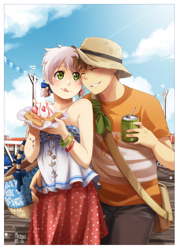 1boy, 1girl, :d, bag, blush, bob_(meago), bracelet, can
