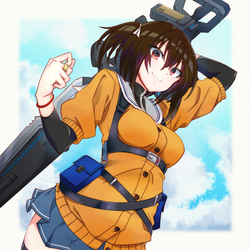 >:), 1girl, arm_behind_head, arm_up, assault_lily, belt, belt_pouch, black_belt