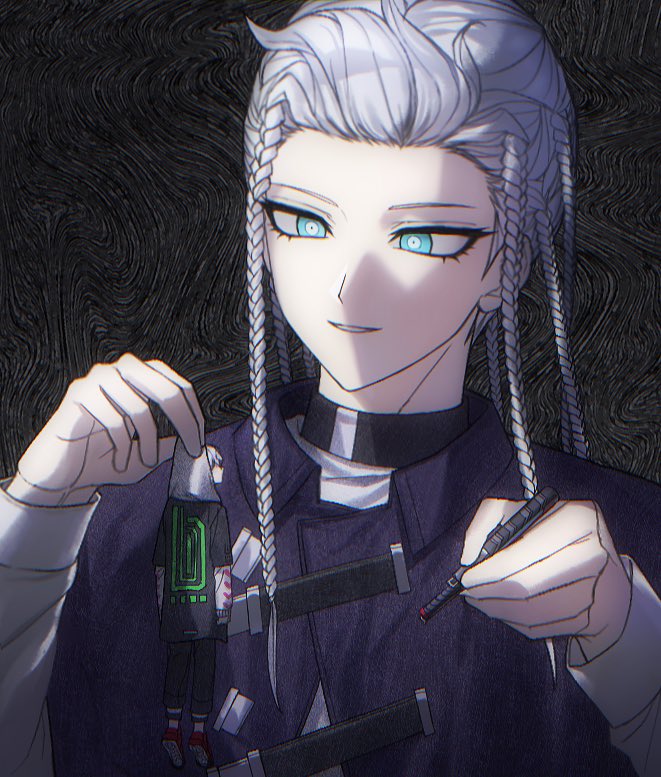 2boys, black_cape, black_jacket, black_pants, blue_eyes, braid, cape, grey_background, grey_hair, holding, holding_mini_person, hood, hoodie, hoodie_pull, jacket, korean_commentary, kuronaka_yo, long_hair, looking_at_another, male_focus, mini_person, miniboy, multiple_boys, multiple_braids, pants, parted_lips, qltn_s, red_shoes, shirt, shoes, size_difference, teeth, tribe_nine, white_hoodie, white_shirt, zero_(tribe_nine)