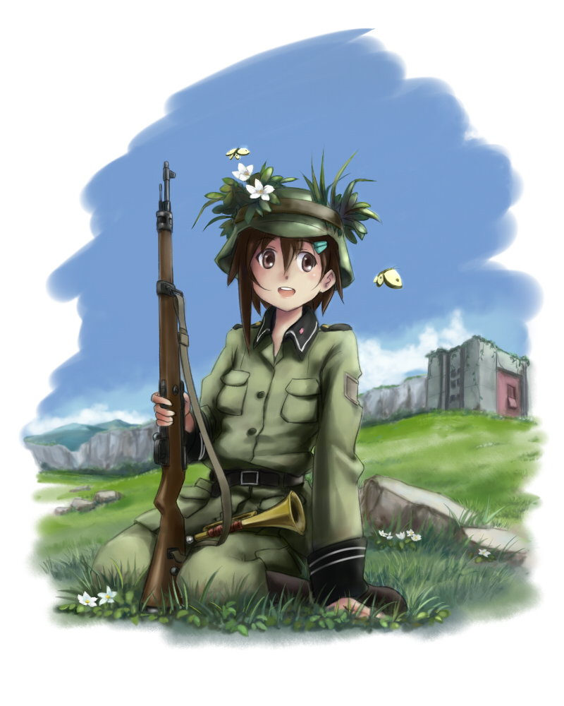 boots, brown_eyes, brown_hair, bugle, butterfly, flower, gun, helmet