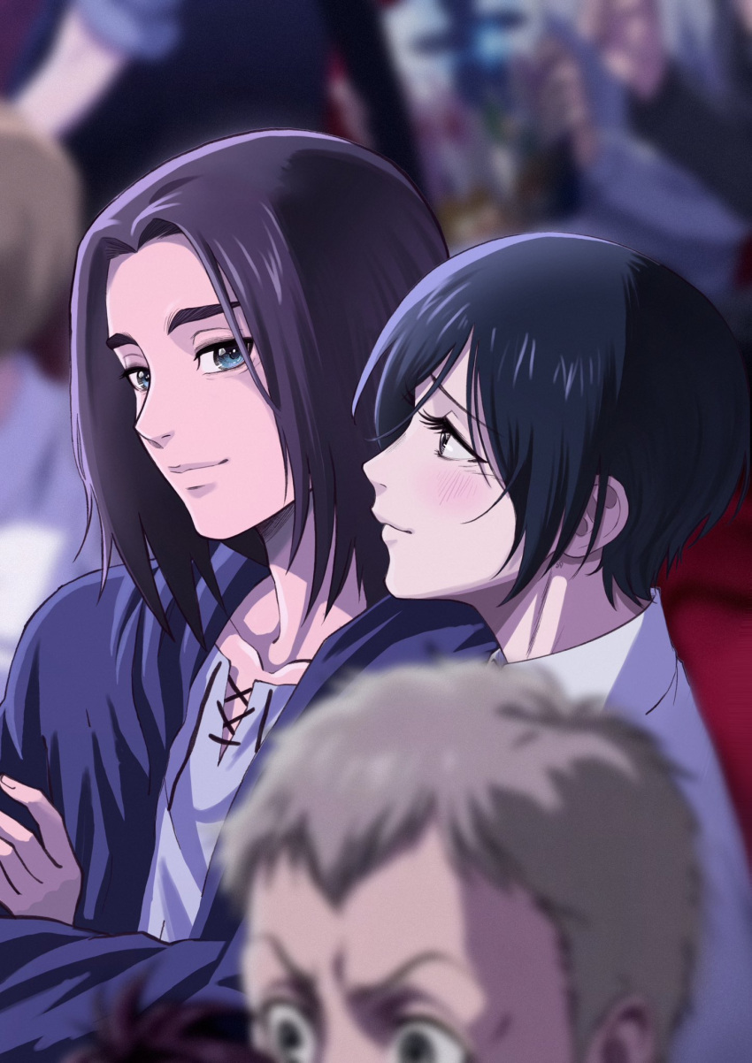1girl, 2boys, black_hair, black_jacket, blonde_hair, blue_eyes, blurry, blurry_background, blurry_foreground, brown_hair, crossed_arms, eren_yeager, falco_grice, grey_shirt, hagane_no, hetero, highres, jacket, light_blush, light_smile, looking_at_another, medium_hair, mikasa_ackerman, multiple_boys, parted_bangs, redrawn, shingeki_no_kyojin, shirt, short_hair, white_shirt