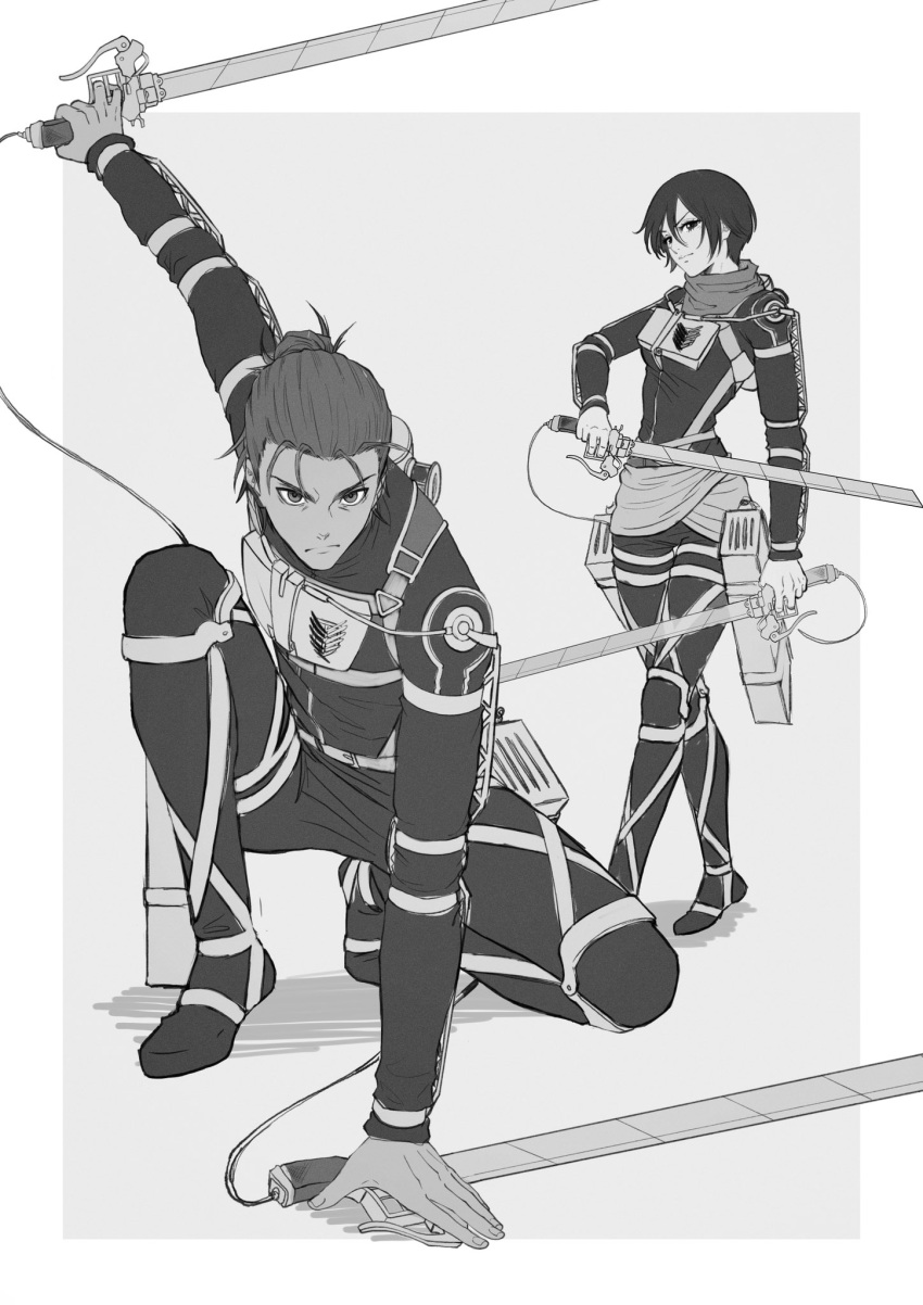 1boy, 1girl, black_bodysuit, bodysuit, breasts, dual_wielding, eren_yeager, fighting_stance