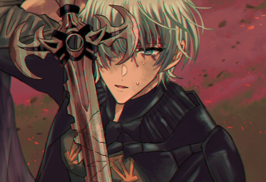 1boy, armor, black_armor, black_cape, blood, blood_on_face, byleth_(fire_emblem), byleth_(male)_(enlightened)_(fire_emblem)