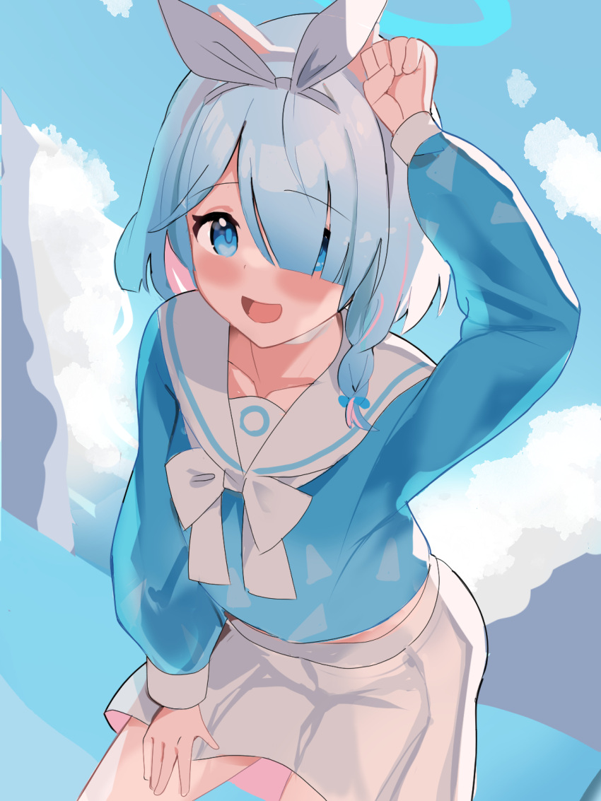 1girl, arms_up, arona_(blue_archive), aw999555, blue_archive, blue_eyes, blue_hair, blue_halo, blue_shirt, blush, bow_hairband, braid, choker, clouds, colored_inner_hair, hair_over_one_eye, hairband, halo, highres, long_sleeves, multicolored_hair, neckerchief, open_mouth, sailor_collar, school_uniform, shirt, short_hair, single_braid, skirt, sky, smile, solo, white_choker, white_hairband, white_neckerchief, white_sailor_collar, white_skirt
