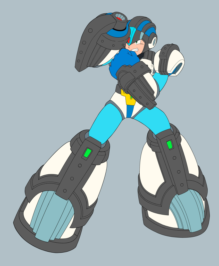 1boy, absurdres, android, arm_cannon, armor, black_armor, black_helmet, blue_gloves