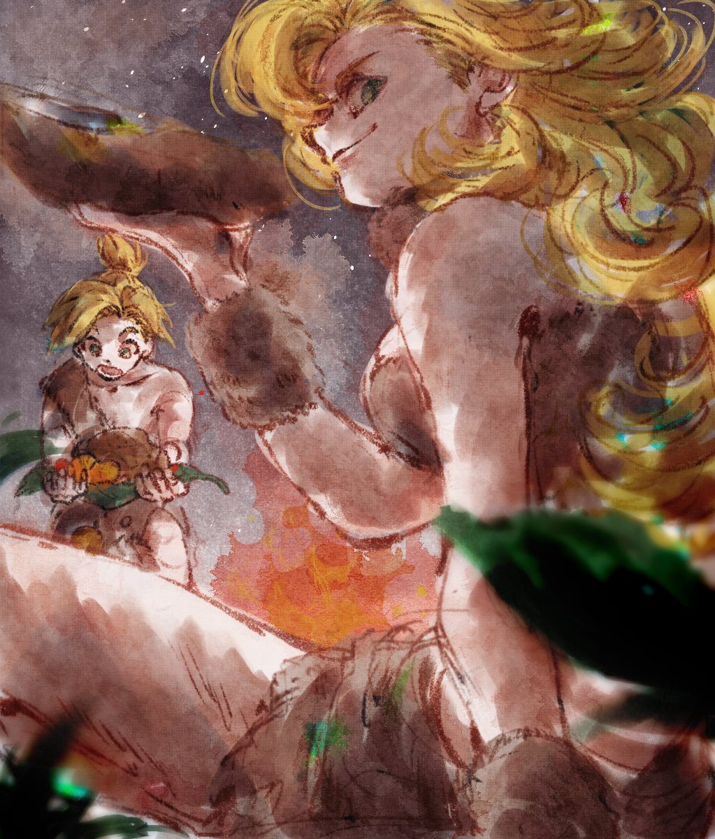 1boy, 1girl, amakekke, ayla_(chrono_trigger), bare_shoulders, blonde_hair, breasts, campfire
