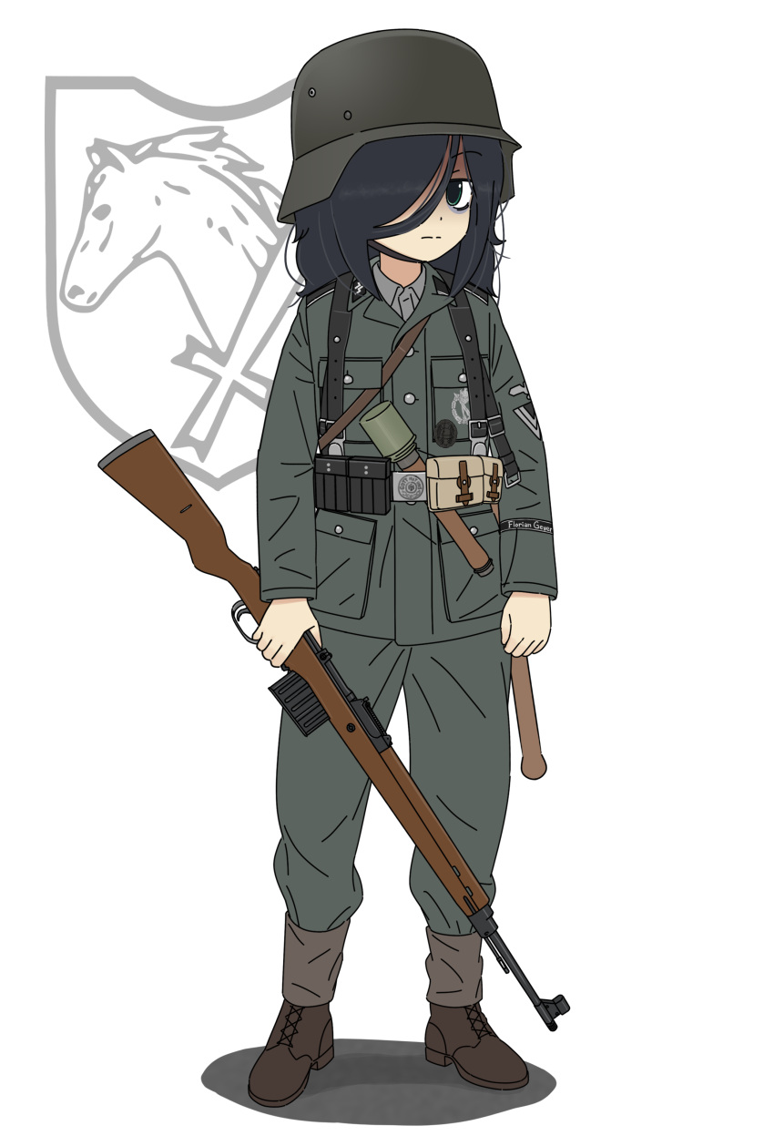 1girl, absurdres, alternate_costume, assault_rifle, bags_under_eyes, belt, black_belt, black_cat03