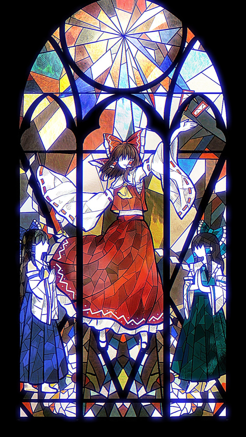 3girls, alternate_color, ascot, blue_bow, blue_skirt, bow, brown_hair, chest_sarashi