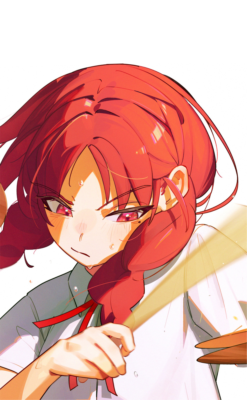 1girl, absurdres, braid, collared_shirt, cymbals, drumsticks, flying_sweatdrops, futsuu_no_keion-bu