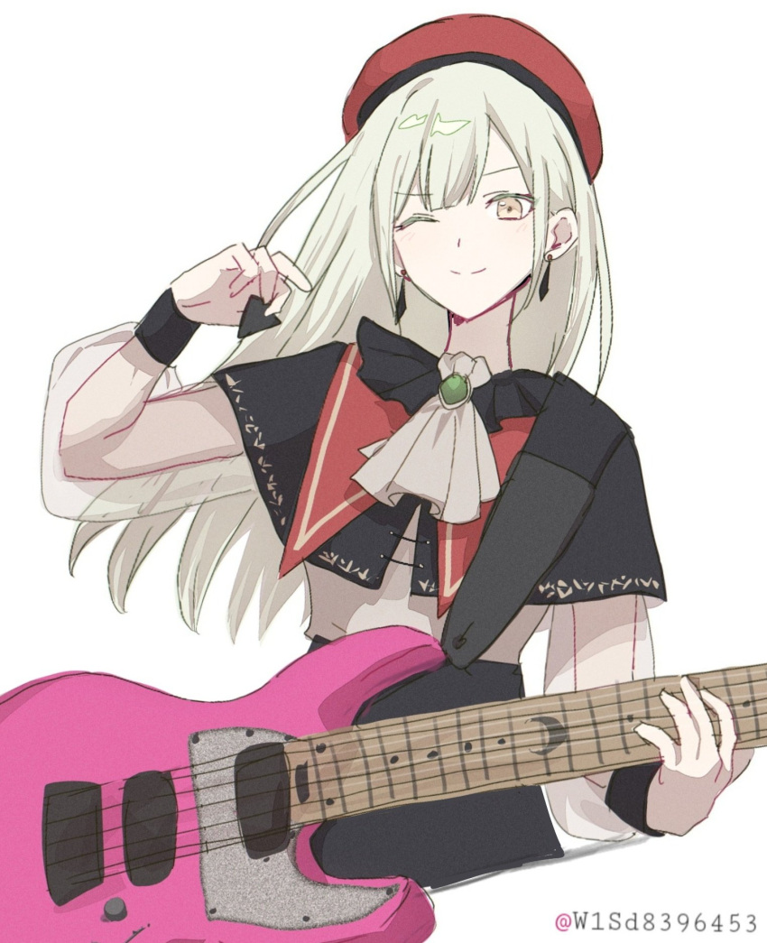 1girl, 7-string_guitar, bang_dream!, bang_dream!_it's_mygo!!!!!, beret, black_capelet, blush, capelet
