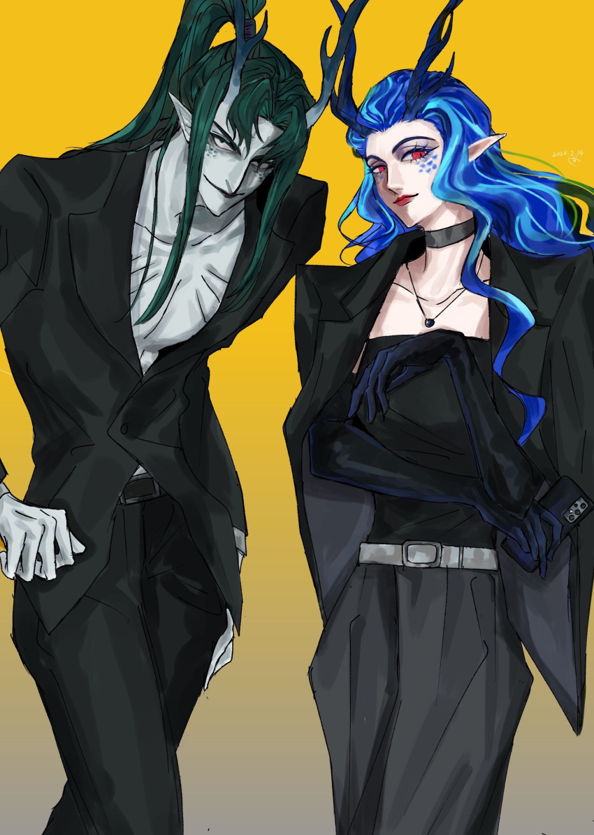 1boy, 1girl, ao_run_(nezha_zhi_motong_jiangshi), ao_shun_(nezha_zhi_motong_jiangshi), black_suit, blue_hair, brother_and_sister, dragon_boy, dragon_girl, dragon_horns, green_hair, highres, horns, looking_at_viewer, nezha_zhi_motong_jiangshi, pointy_ears, red_eyes, siblings, suit, wuxilinxiang