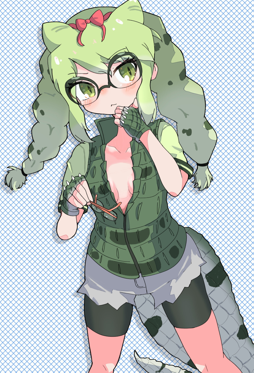 1girl, :<, absurdres, bike_shorts, bike_shorts_under_shorts, blush, bow, braid
