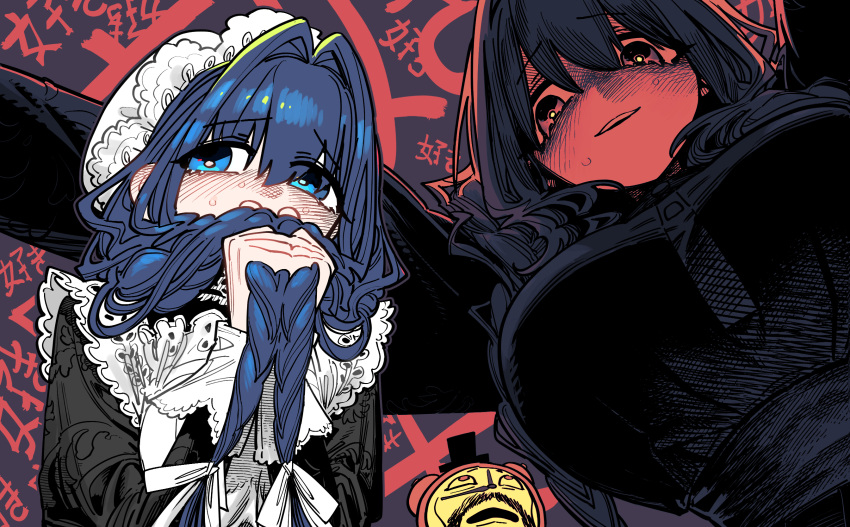 1girl, black_dress, blue_eyes, blush, braid, breasts, commentary_request, dress