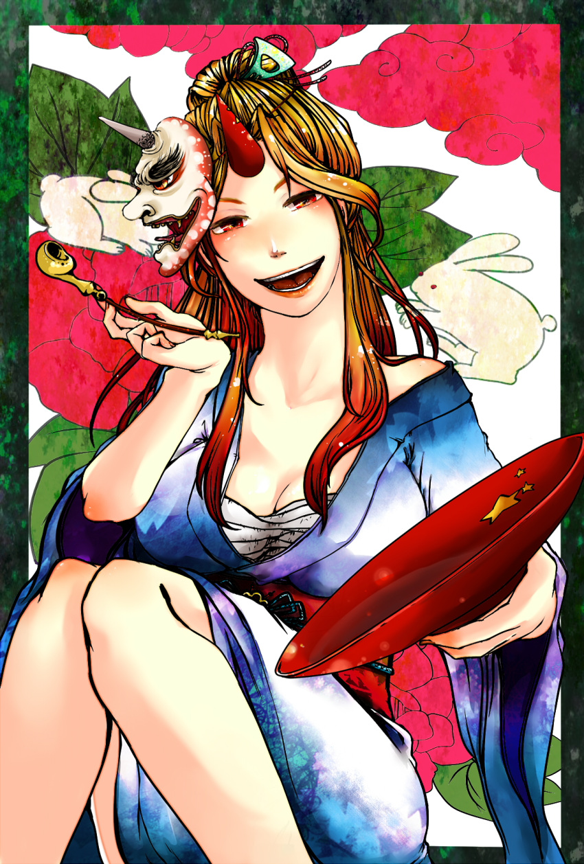 alternate_hairstyle, blonde_hair, highres, horn, hoshiguma_yuugi, oni_mask, pipe, red_eyes