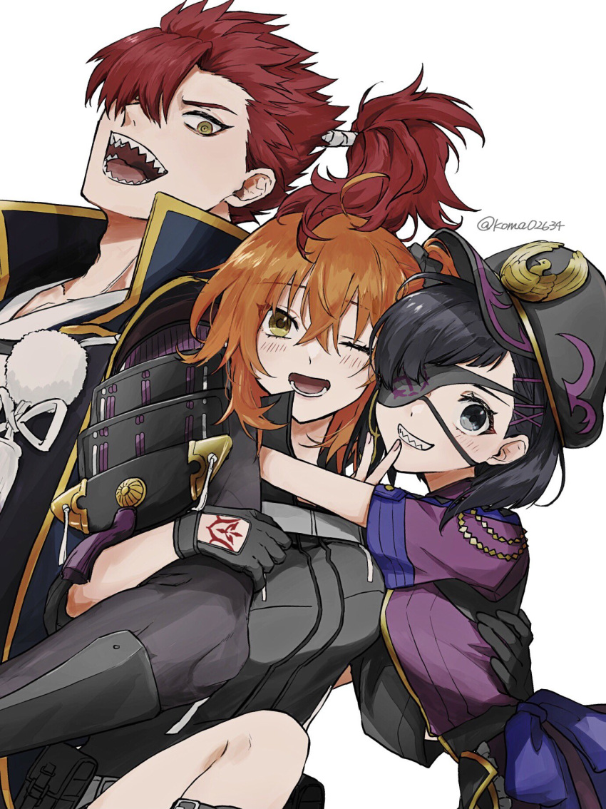 1boy, 2girls, ahoge, black_gloves, black_hair, command_spell, eyepatch, fate/grand_order, fate_(series), fujimaru_ritsuka_(female), fujimaru_ritsuka_(female)_(polar_chaldea_uniform), gloves, grin, hair_over_one_eye, hat, highres, hug, koma02634, locked_arms, mori_nagayoshi_(fate), mori_nagayoshi_(second_ascension)_(fate), multiple_girls, mysterious_ranmaru_x_(fate), one_eye_closed, orange_hair, ponytail, red_eyes, red_hair, sharp_teeth, smile, teeth, twitter_username, white_background