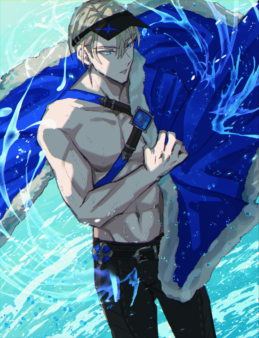 1boy, abs, arm_up, black_hat, black_pants, blue_cape, blue_eyes, cape
