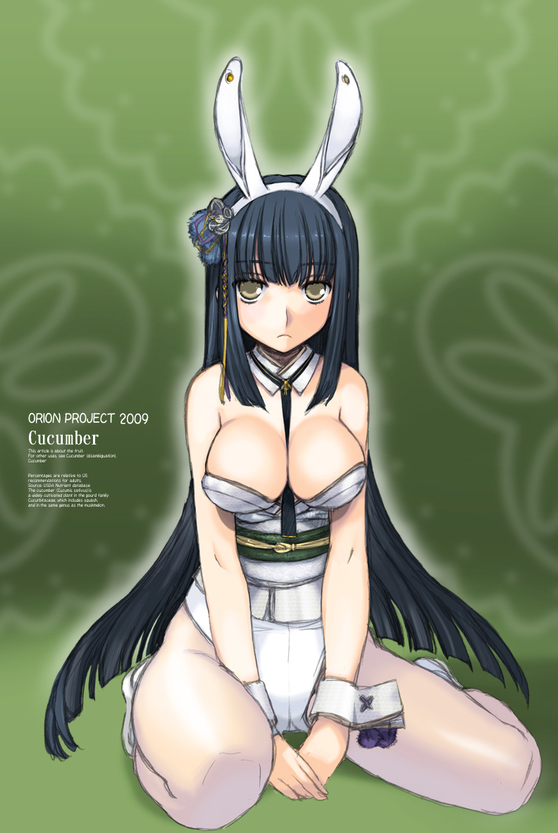 bare_shoulders, black_hair, breasts, bunny_ears, bunnysuit, japanese_clothes, leotard, long_hair