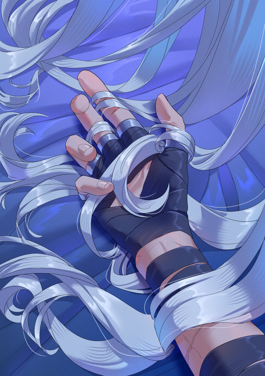 2boys, absurdres, arm_wrap, bed_sheet, commentary, english_commentary, fingernails, genshin_impact
