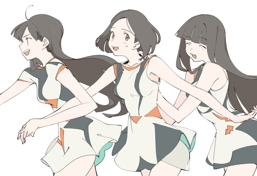 3girls, :d, a~chan, bad_id, bad_twitter_id, bare_shoulders, black_hair, blunt_bangs