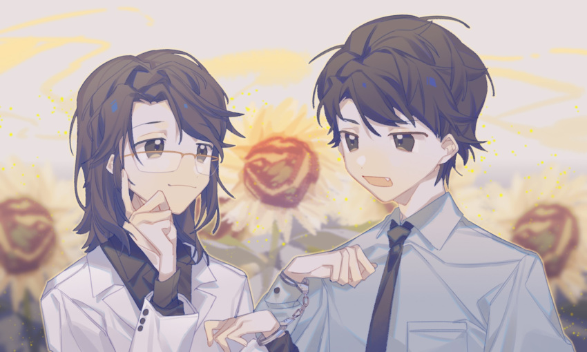 2boys, black_eyes, black_hair, black_necktie, black_shirt, breast_pocket, chinese_commentary, closed_mouth