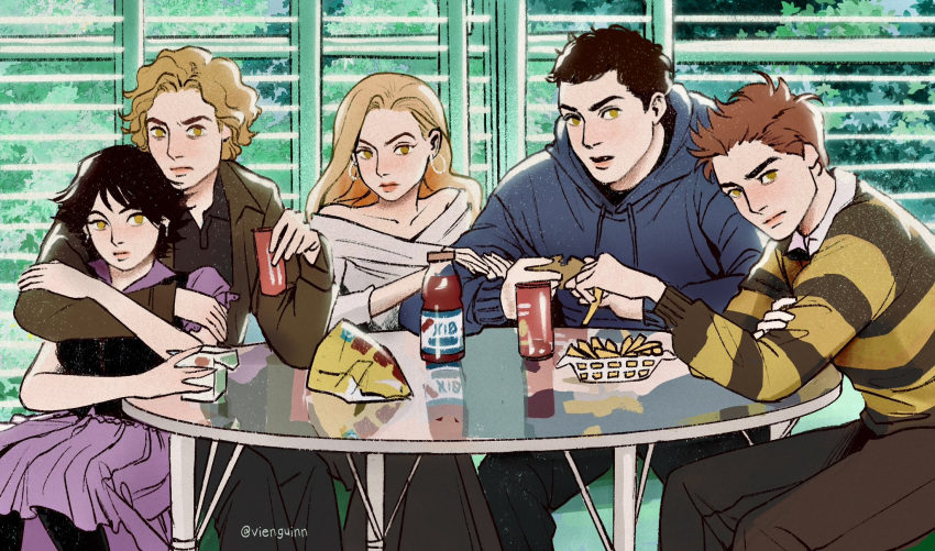 2girls, 3boys, alice_cullen, blonde_hair, brown_hair, commentary, emmett_cullen, english_commentary