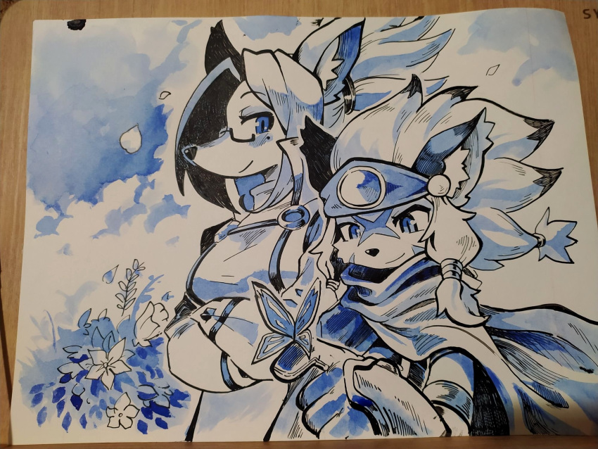 1boy, 1girl, beluga_damiens, bug, butterfly, clouds, cloudy_sky, eyewear_on_head