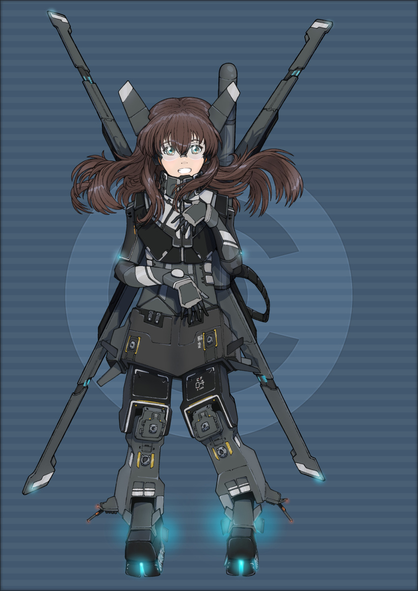 1girl, absurdres, armor, brown_hair, eve_online, evemoedesu, full_body, gauntlets