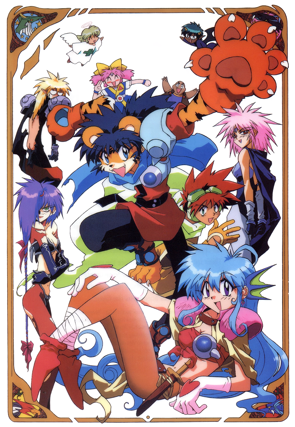 1990s_(style), 4girls, 6+boys, animal_ears, animal_hands, aqua_eyes, armor, ass