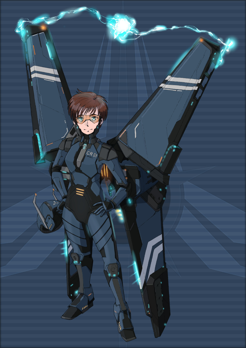 1girl, absurdres, armor, blue_eyes, brown_hair, electricity, eve_online, evemoedesu