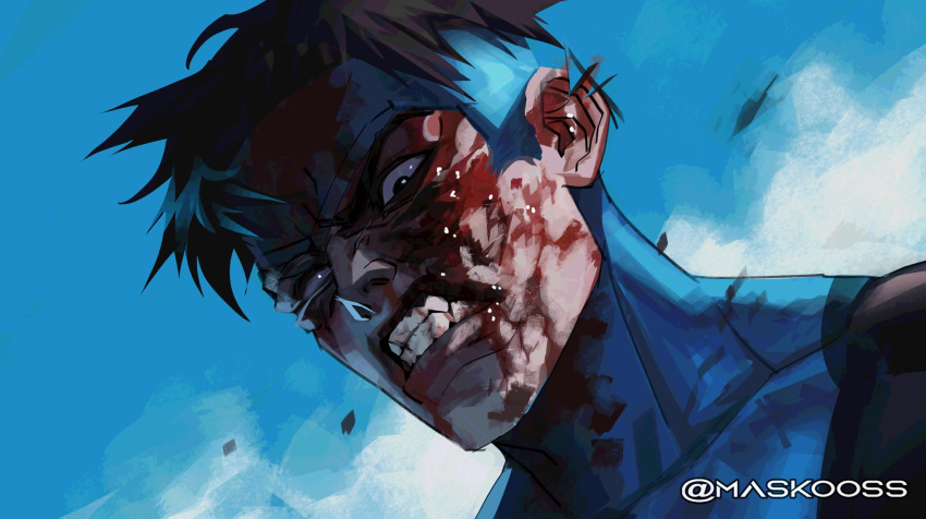 1boy, @_(symbol), artist_name, black_hair, blood, blood_on_clothes, blood_on_face, bodysuit