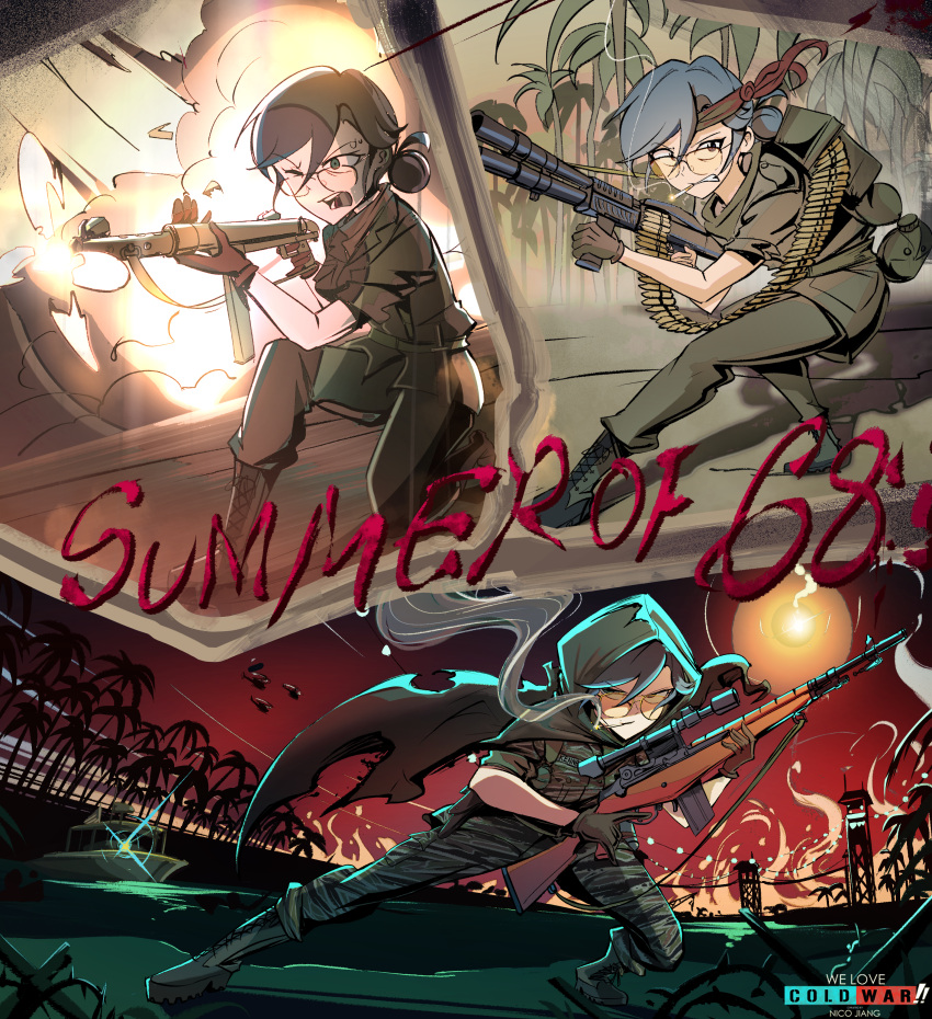 3girls, absurdres, ammunition_belt, battle, battle_rifle, central_intelligence_agency, cold_war, explosion