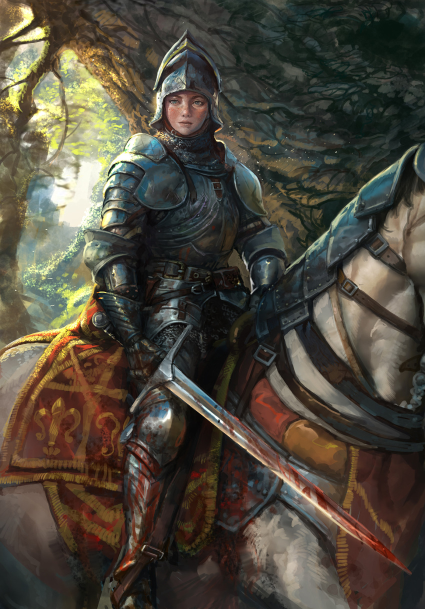 1girl, armor, barding, blood, blood_on_arm, blood_on_weapon, blue_eyes, closed_mouth