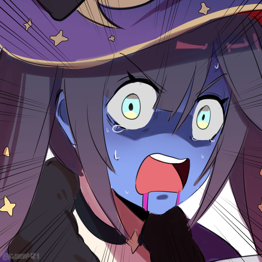 1girl, absurdres, aqua_eyes, black_choker, black_hair, blue_skin, blunt_bangs, choker