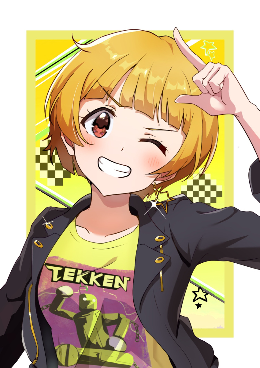 1girl, arm_at_side, arm_up, black_jacket, blonde_hair, blunt_bangs, blush, breasts
